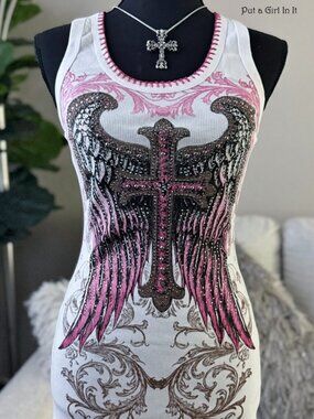 Vocal Apparel Women's Crystal Stud White Pink Cross Whipstitch Tank Top S M L XL